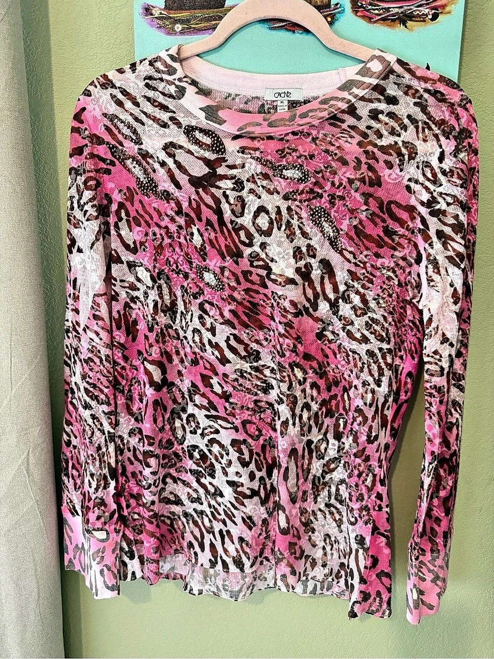 Cache Animal Print Long Sleeve Top in Pink & Brown XL